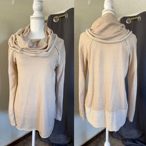 Basil Lola Cowl Neck Sweatshirt Tan Beige Raw Edge Seam Small